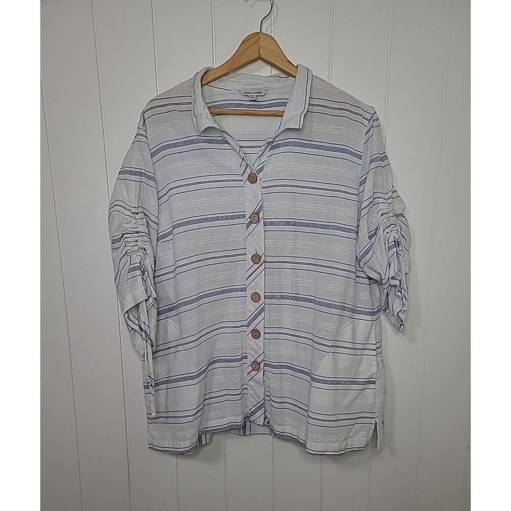John Mark Women's Top XL Blue White Nautical Lagenlook Coastal Beach Summer